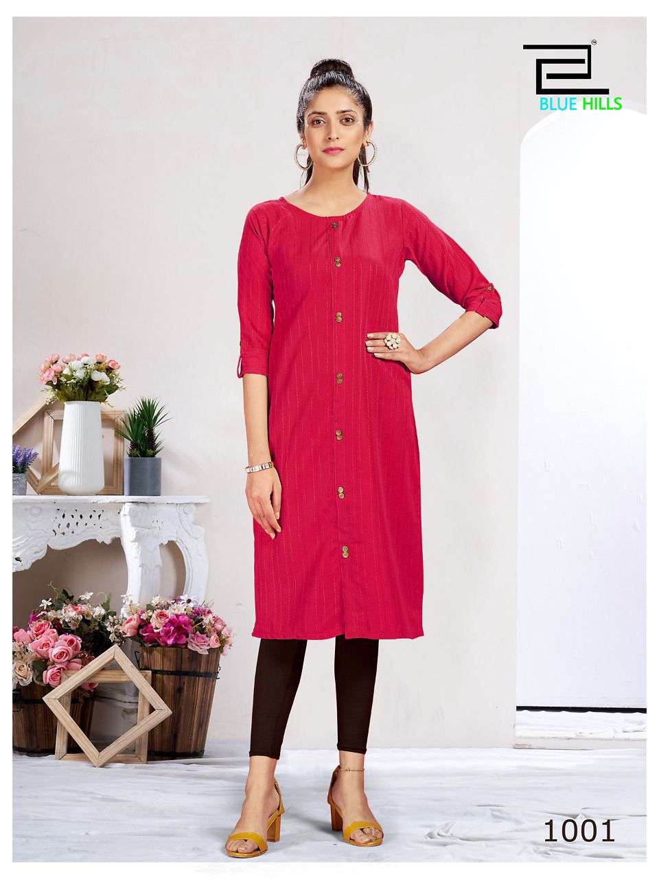 BLUE HILLS - VINTAGE - DOBBY PATTERN FABRIC SIDE CUT KURTI WITH BUTTON - 1001